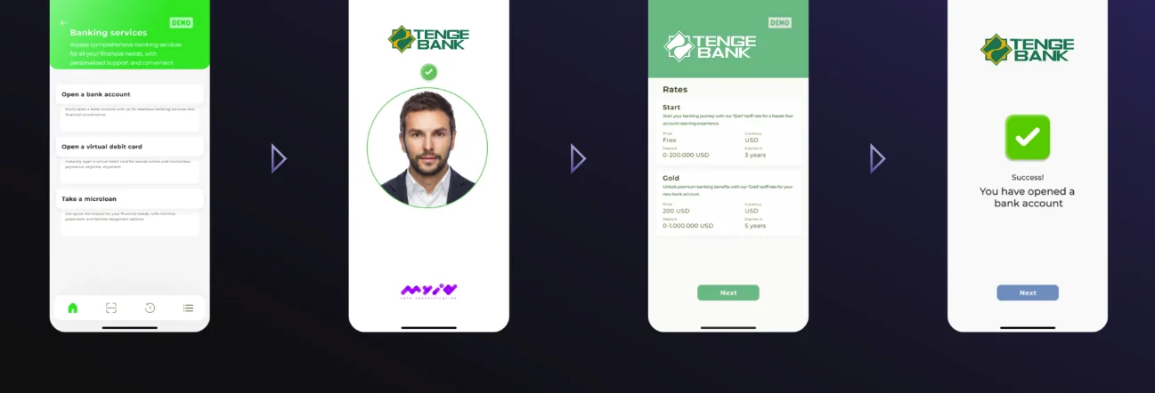 Tenge Bank remote account opening — banking services, biometric capture (face match + liveness), rate disclosure, success state. Identity layer by UZINFOCOM / MyID.